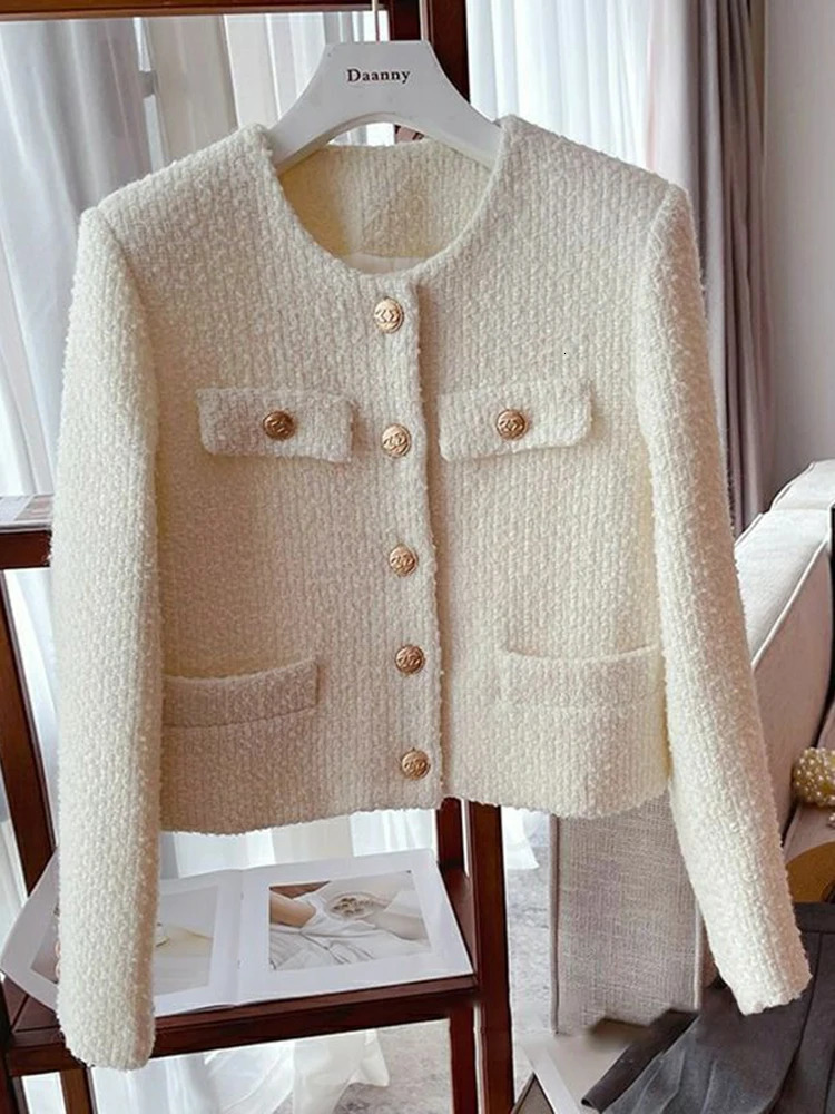 Zoki Chic White Tweed Jackets Women Casual O Neck Sweet Korean Short Coats Fashion Long Sleeve All Match Single Breasted Tops 250725
