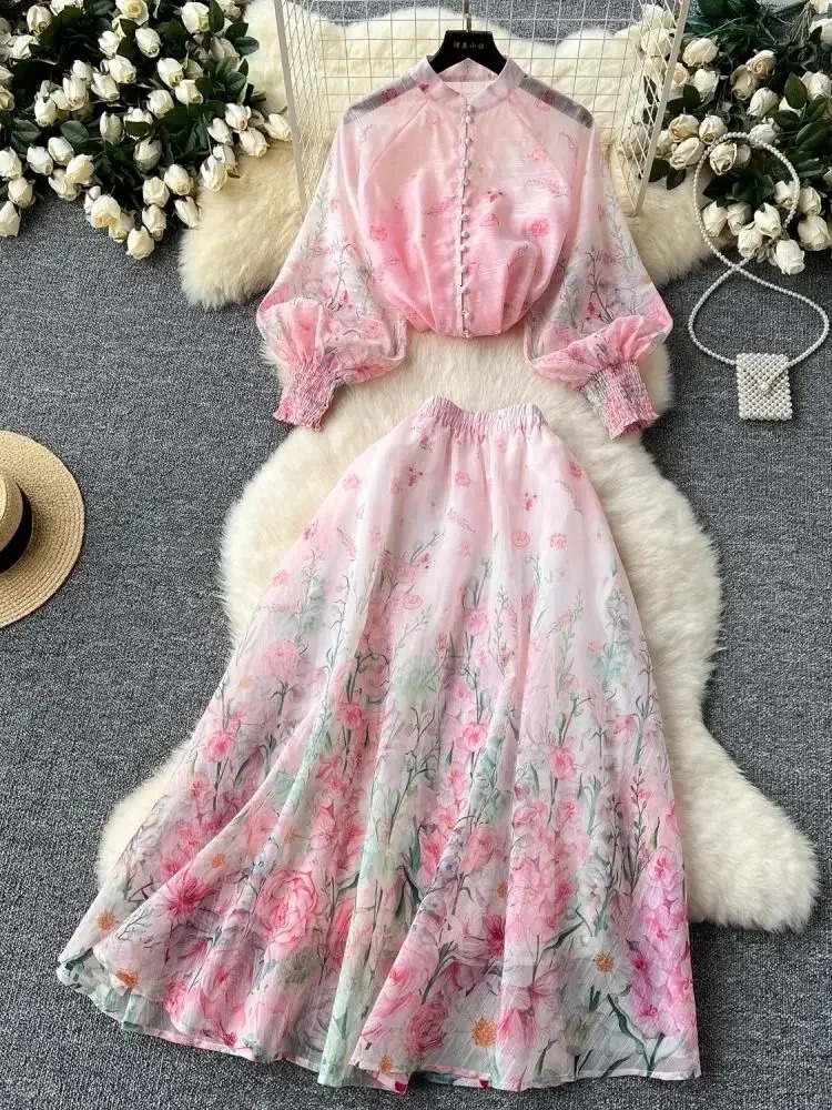 Summer Holiday Organza Gorgeous Flower 2 Piece Set Women Long Lantern Sleeve Shirt Blouse and Elastic Waist A Line Skirt Suit 250725