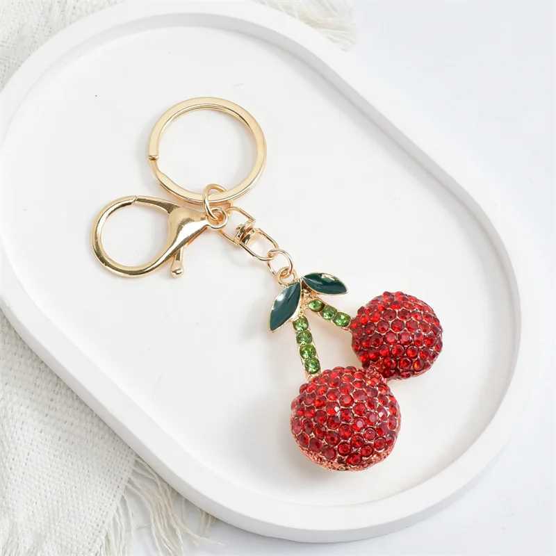 Crystal Rhinestone Cherry Keychains Fresh Cute Fruit Charm For Women Bag Pendant Keychain Girl Car Key Ring R250725