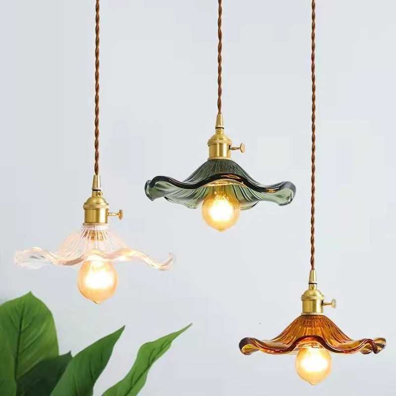 Flower Glass Pendant Lamp Copper Ceiling Chandelier Single Head Pendant Light Bedroom Lamp Hanging Light Luminaria Home Decor XJ250725