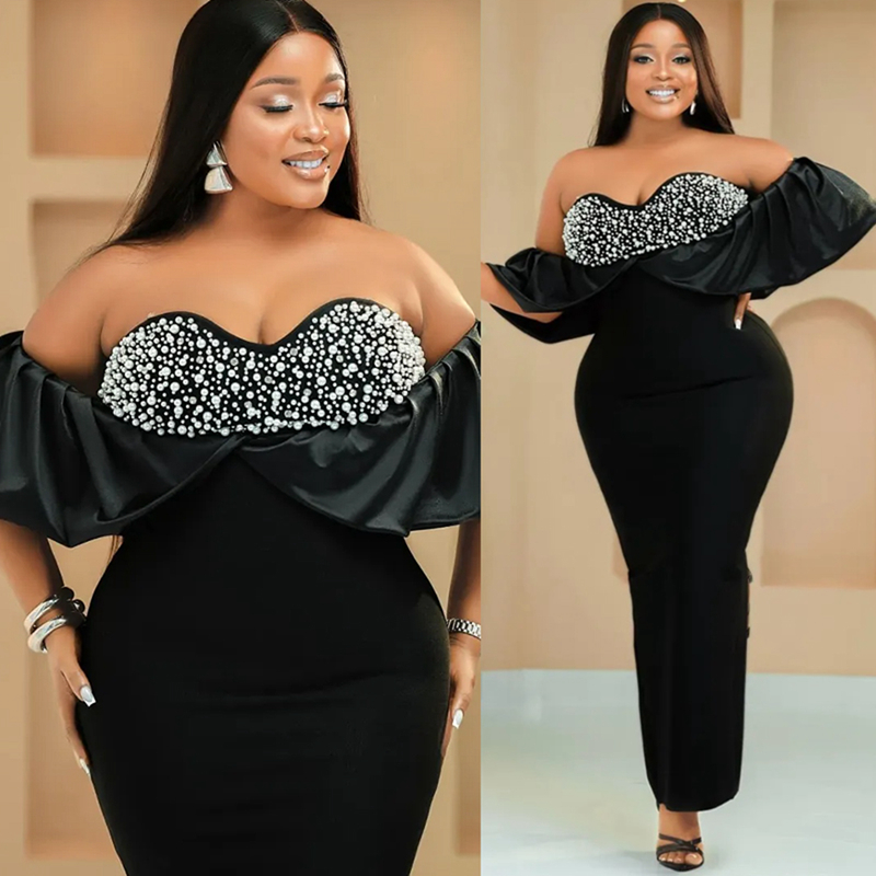 2025 Plus Size Black Prom Dress Evening Dresses Mermaid Formal Gowns For Black Women Velvet Off Shoulder Pearls Beaded Birthday Dress Second Reception