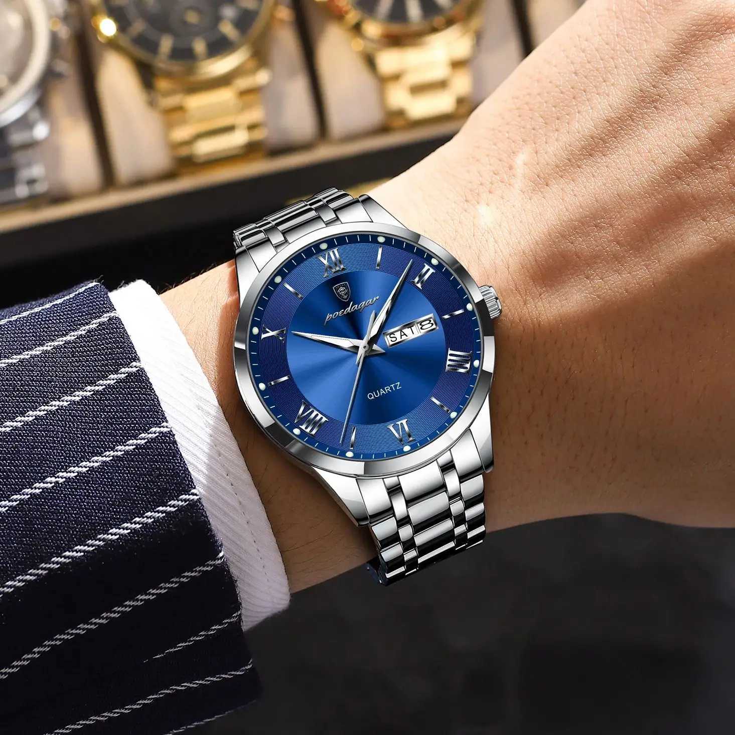 POEDAGAR Luxury Casual Watch For Man Date Week Waterproof Luminous Stainless Steel Men Watch Sport Quartz Mens Watches M+Box X250726