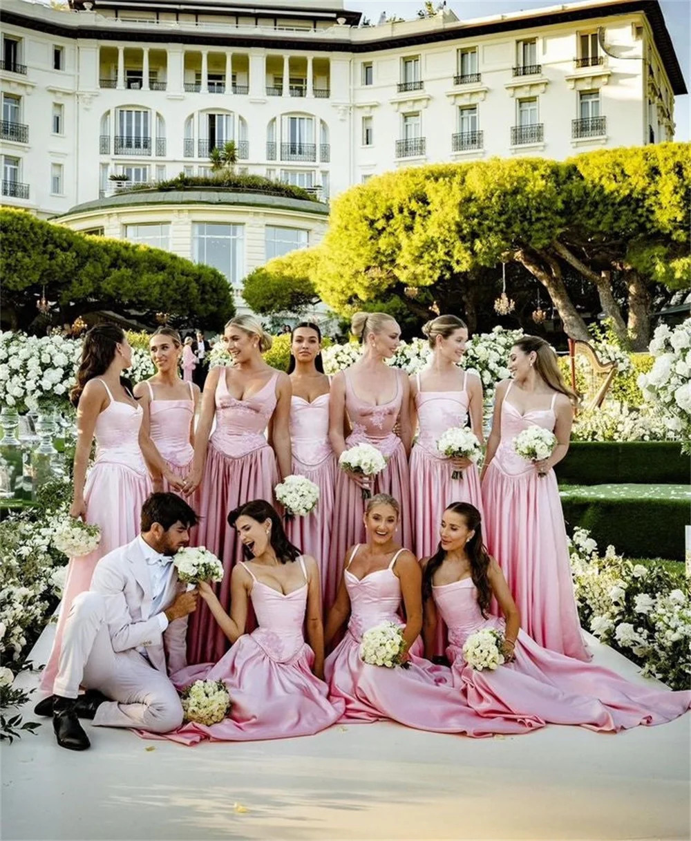 Kyoto Customize Pink Flower Embroidery Bridesmaid Dresses Spaghetti Strap Pleats robe mariage LaceUp Wedding Guest Dress 250725