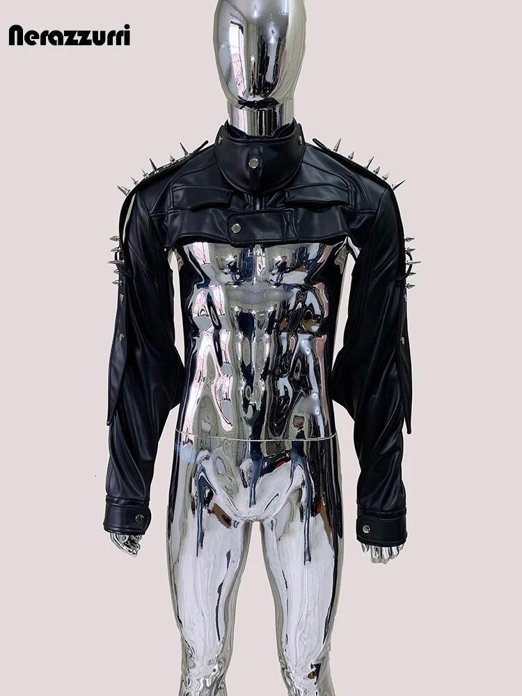 Mauroicardi Cool Black Cropped Pu Leather Jacket Men Rivet Shoulder Pads Zip Up Short Punk Style Clothes European Fashion 250725