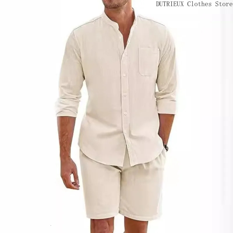 Summer Sales of Mens Cotton Linen Longsleeved Shirt Twopiece Set Soft and Comfortable Solid Color Shirt Shorts Mens Suit 250724