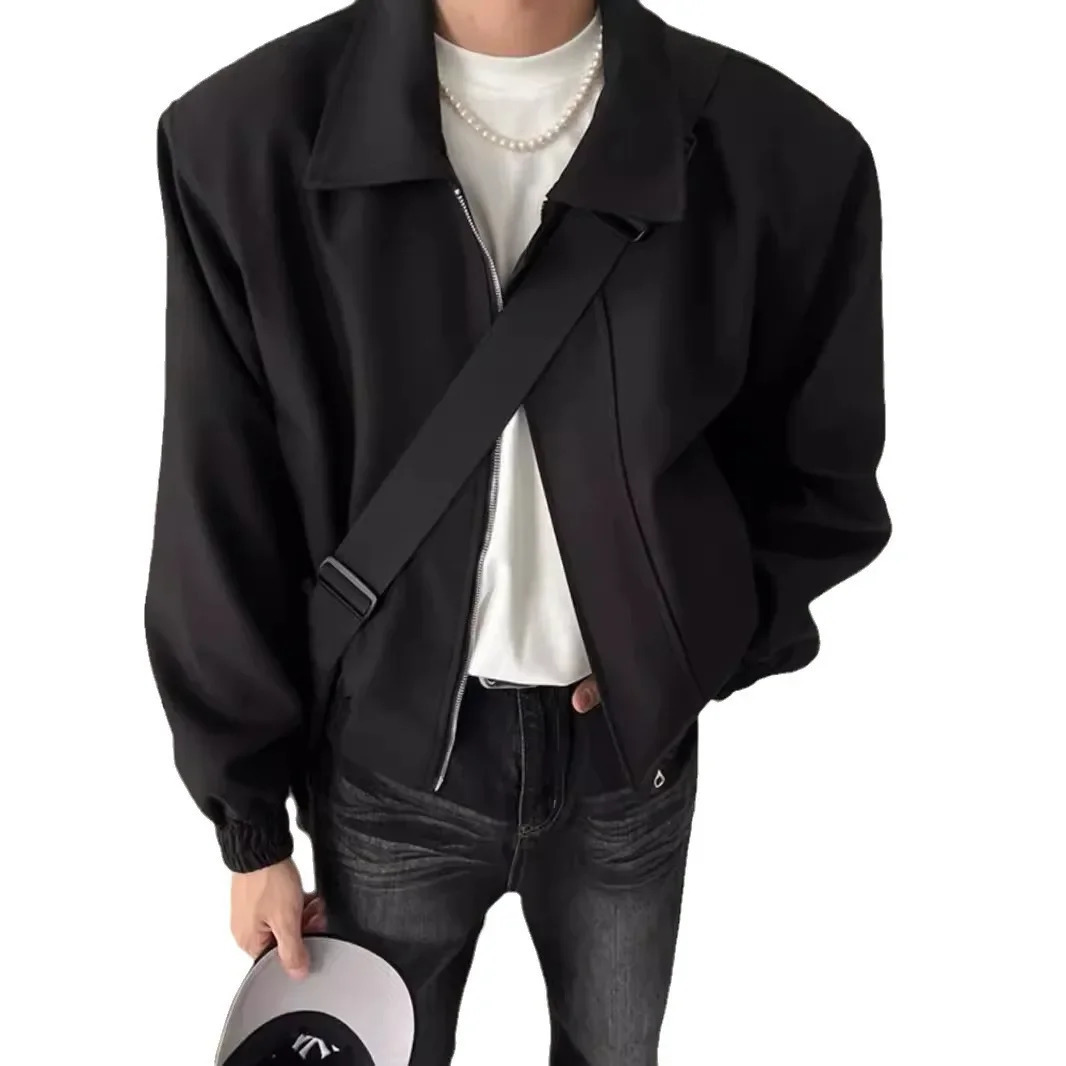 High-End Feel Cropped Jacket Trendy Lapel Zipper Up Casual Cool Gray Cropped Flight Fighter Jet Jacket For Men 250725