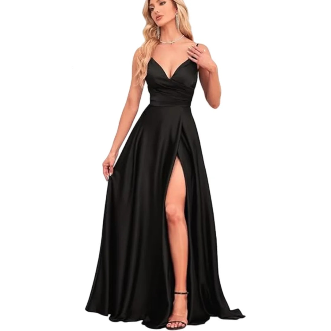 Satin Bridesmaid Dresses with Slit A Line Spaghetti Strap Formal Prom Evening Party Gown Pocket V Neck Long Ball 250725