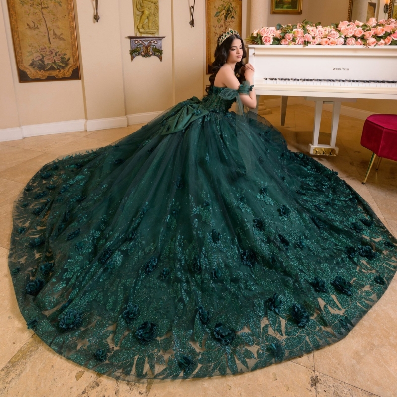 Blackish Green Shiny Quinceanera Dresses Ball Gown Off The Shoulder Sequin Applique Flower Beading Tull Party Birthday Sweet 16 Dress Vestidos 15 Anos