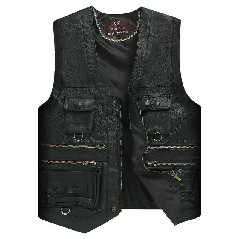 2024 Cowhide Genuine Leather Man Vest Waistcoat Male clothing Jacket Thick Motorcycle Multi Pocket leather biker Men safety vest 250725