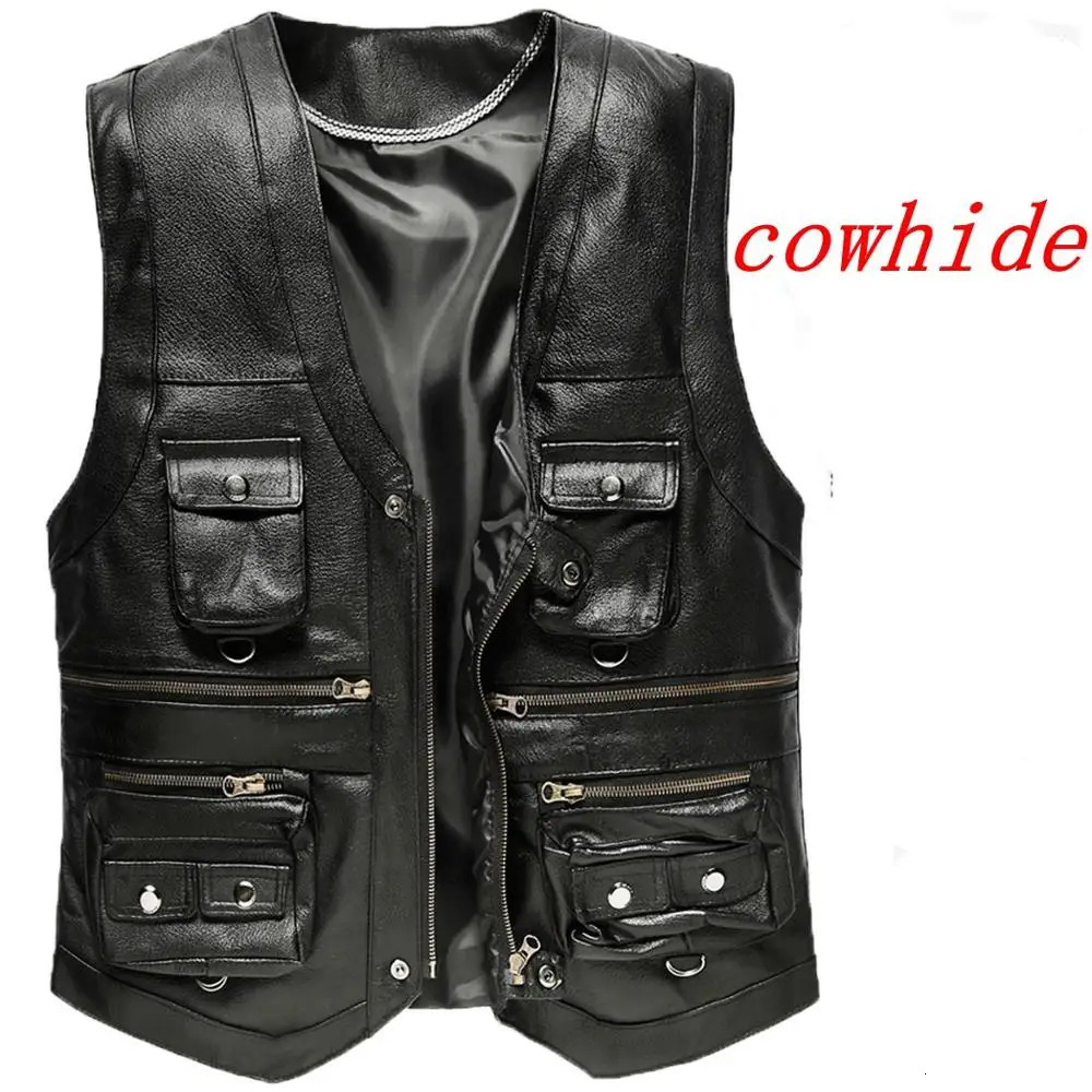 2025 Cowhide Genuine Leather Vest Men Waistcoat Male Sleeveless Jacket Thick Motorcycle Multi Pocket leather biker vest 250725