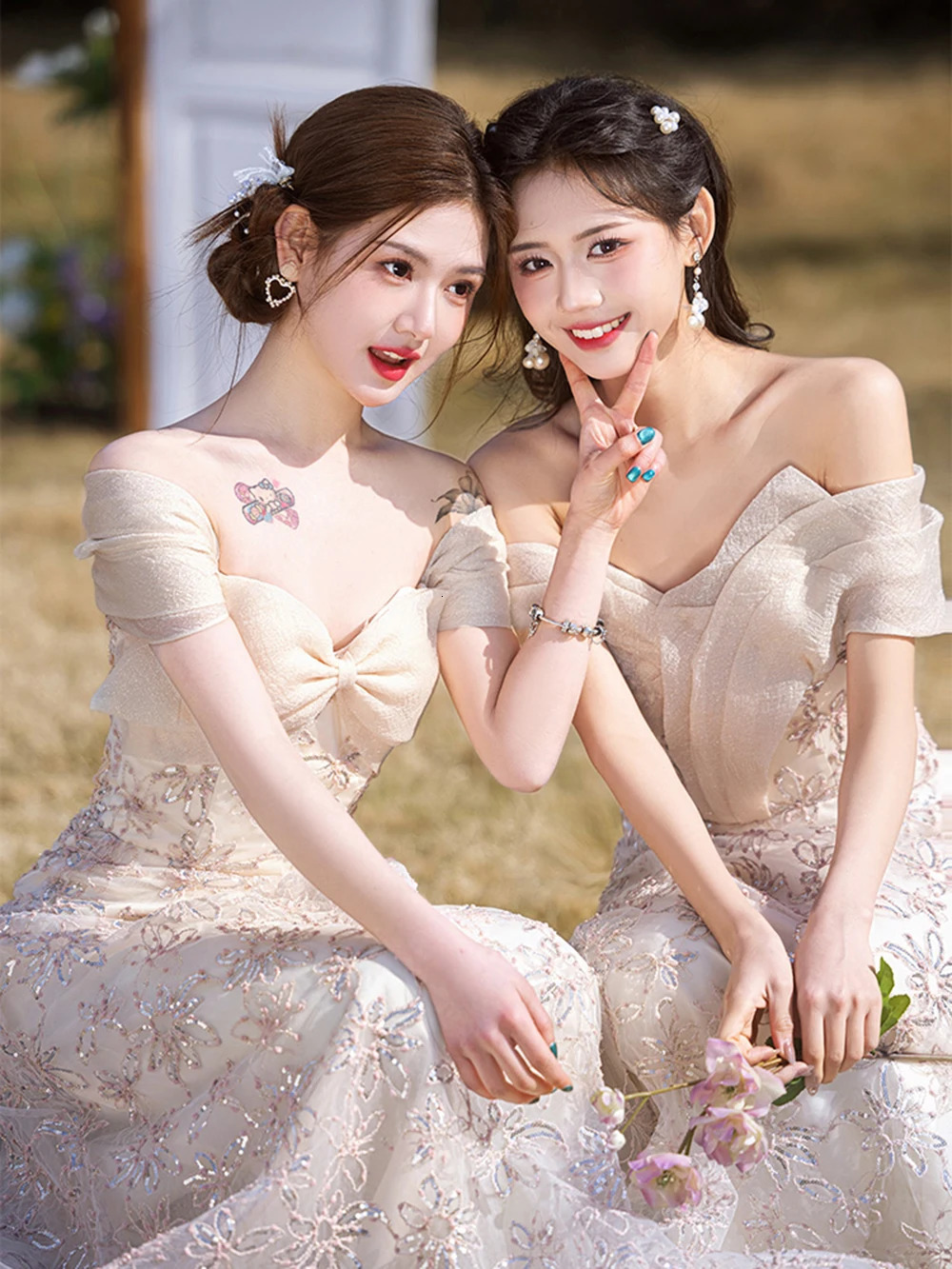 Light Womens Pink Flora Appliqued Bridesmaid Dress Square Collar Off Shoulder Wedding Party Guest Gown Sisters Vestido 250725