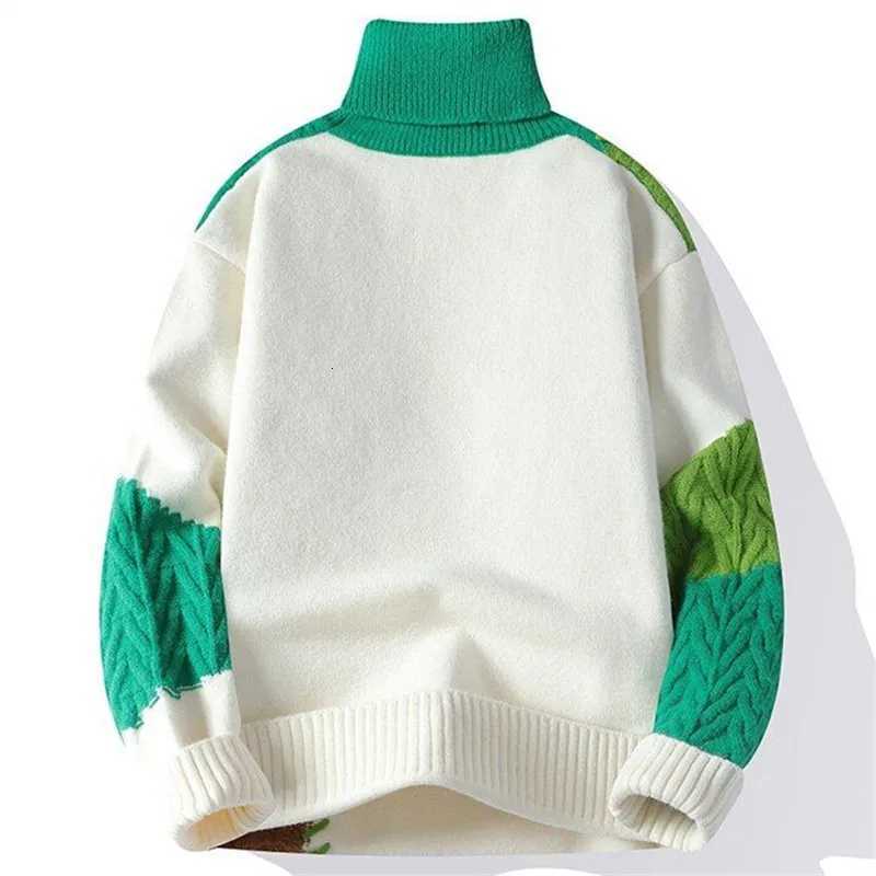 Autumn Winter Mens Fashion Patchwork Turtleneck Sweater Loose Casual Knitted Pullovers Men Youthful Vitality Knit Sweaters Z250725