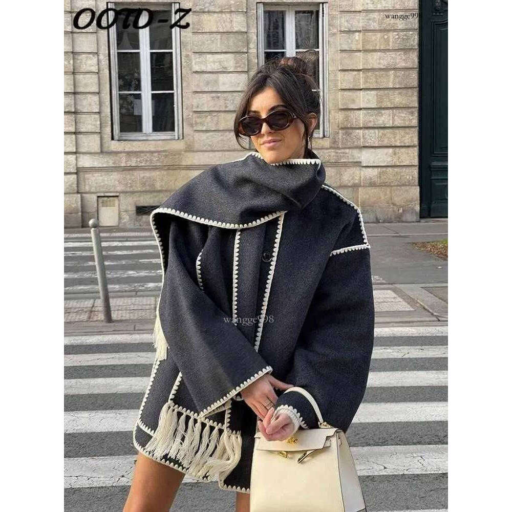 Women's Wool Blends Elegant Loose Women's Coat With Scarf Fashion Long Sleeve Pocket Single Breasted Female Coats 2023 Autumn Winter Lady Ja