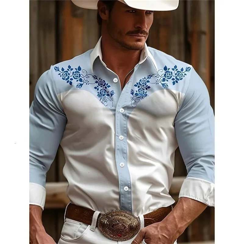 Mens long sleeved shirt seasonal casual collar button up mens denim retro ethnic style breathable soft 250725