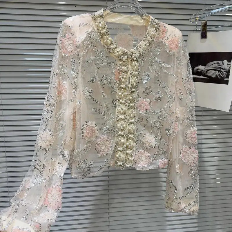 Spring Summer Women Pearls Beaded 3D Flowers Embroidery Sequin Organza Short Jacket Mesh Spliced Floral Coat Cardigan Tops 250725