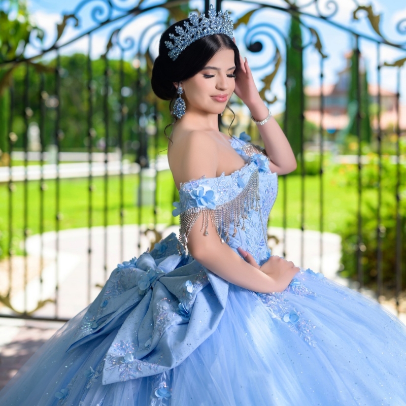 Sky Blue Quinceanera Dresses Ball Gown Off The Shoulder Applique Flower Beads Bow Tull Corset Party Birthday Sweet 16 Dress Vestidos 15 Anos