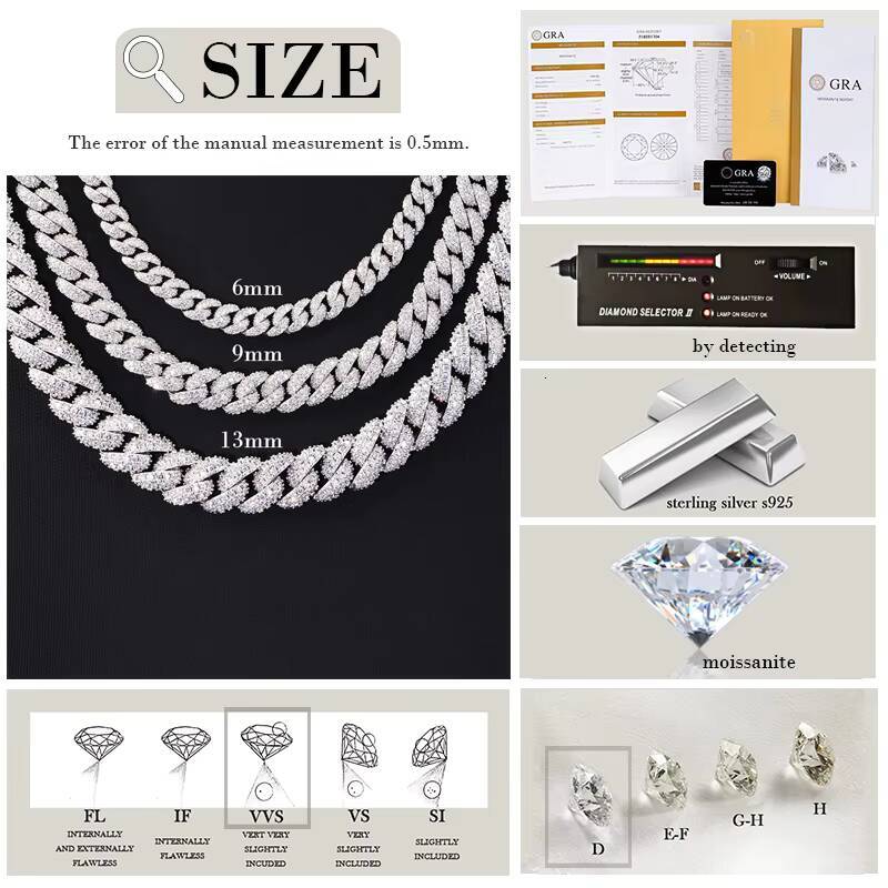 Hot Selling Pass Diamond Tester 925 Solid Silver 6mm 9mm 13mm Two Rows Iced Out Hip Hop VVS1 Moissanite Cuban Link Chain