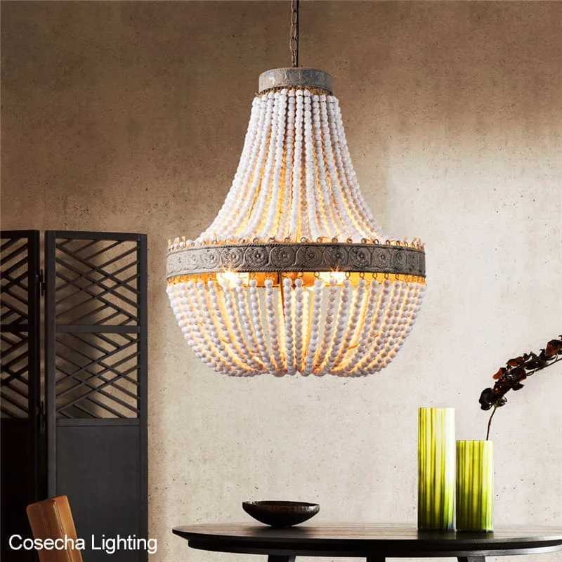 French Antique White Wood Bead Chandeliers Vintage Gray Beaded Farmhouse Chandelier Lighting Bedroom Dining Room Retro LightXJ250725