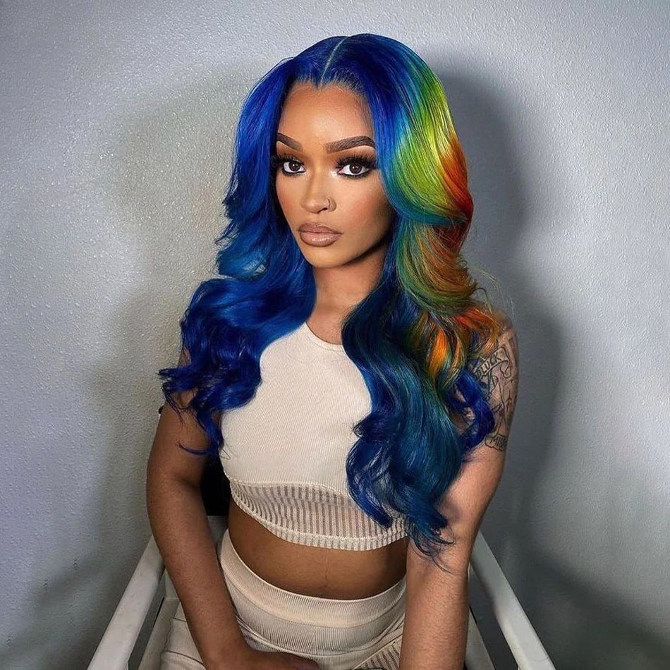 Blue Wig Multi Colored Lace Front Wig Body Wave Human Hair Blue With Red Green Highlight Synthetic 13X4 Lace Closure Pre Plucked 180% peruca
