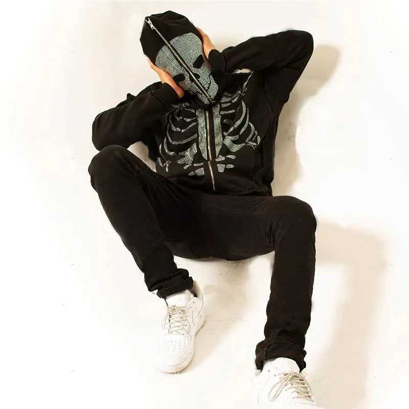 Full Zip Up Hoodie Rhinestone Skeleton Goth Sweatshirt Sport Couple Outfit Black Long Sleeve Oversized Grunge Y2k Hip Hop Jacket XJ250726 - view 4