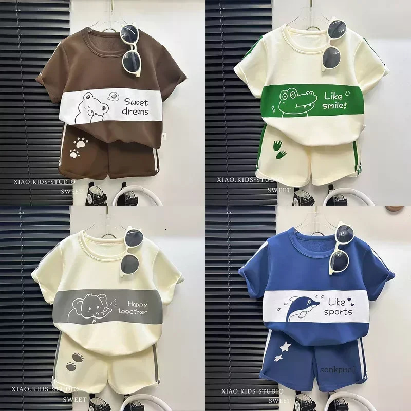 2Pcs Cartoon Bear Children Short Sleeve Shorts Sets Summer Kids Clothes Boy Girl Baby Thin Cotton Tee Tracksuits Fashion Outfits 250725