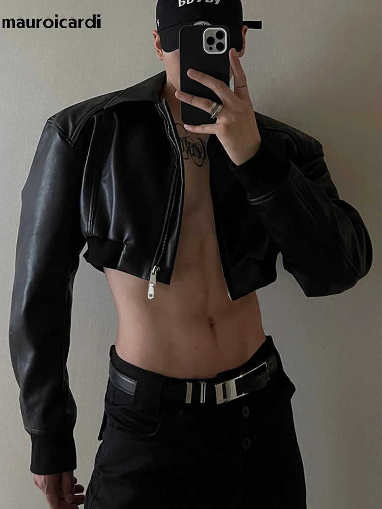 Mauroicardi Spring Autumn Cropped Pu Leather Jacket Men Long Sleeve Zipper er Clothes Runway European Fashion 250725