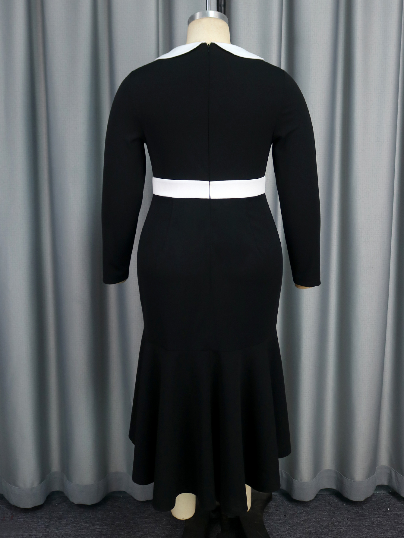 AOMEI Black Autumn Holiday Knitted Casual Midi Dresses Ruffle Lapel Collar Long Sleeve Plus Size AM050135