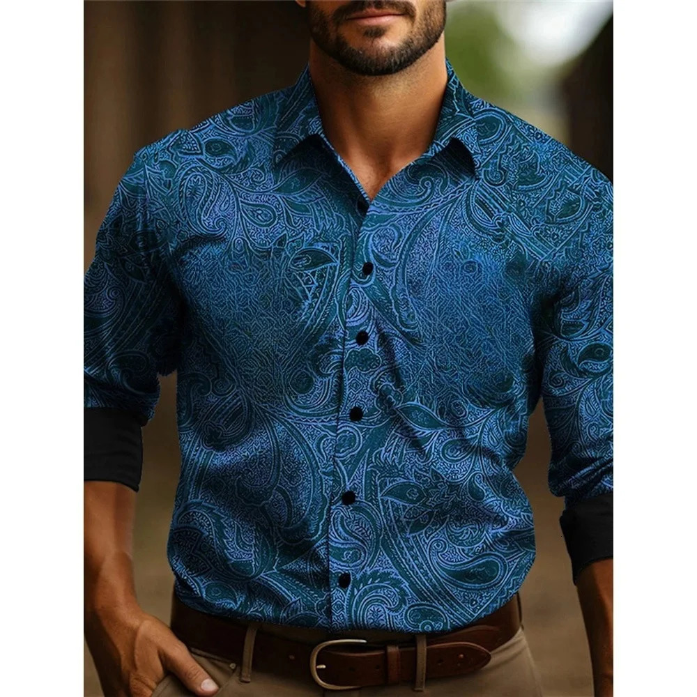 Mens longsleeved shirt Four seasons casual lapel button down denim retro ethnic totem style breathable soft 250725