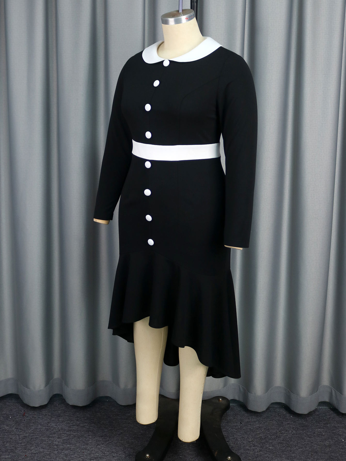 AOMEI Black Autumn Holiday Knitted Casual Midi Dresses Ruffle Lapel Collar Long Sleeve Plus Size AM050135