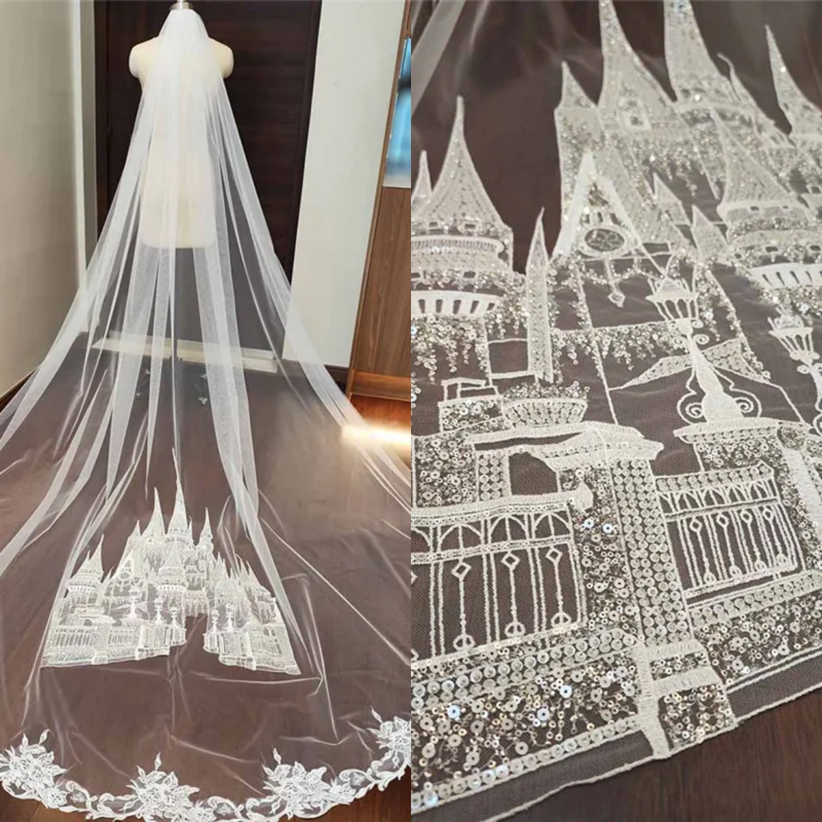 Graceful New Wedding Veils Customized Castle Sequined Lace One Layer Bridal Veil with Comb Wedding Accessories