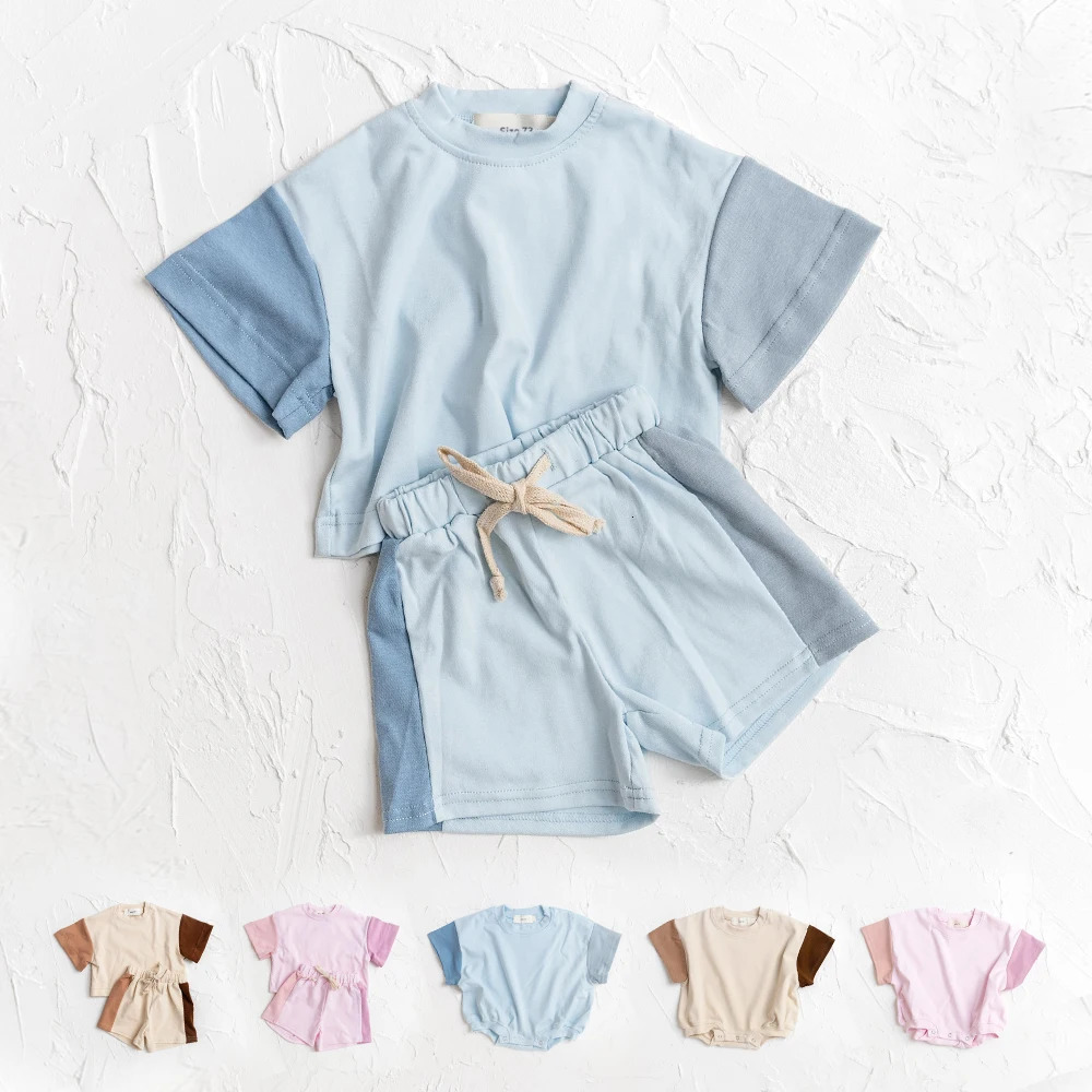 Summer Toddler Girls Cotton Short Sleeve TopShorts Set Baby Boys Tee Outfits Sets Kids Stitching Color Clothes 250725