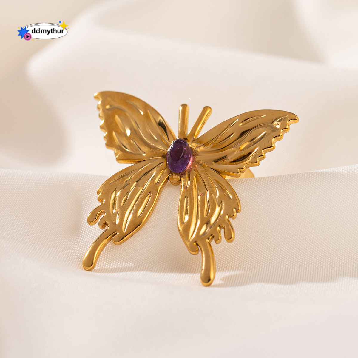 Stainless Gold Open Titanium Steel Waterproof Women's Ring Exaggerated Butterfly Heart-shaped Hand Jewelry ddmythur