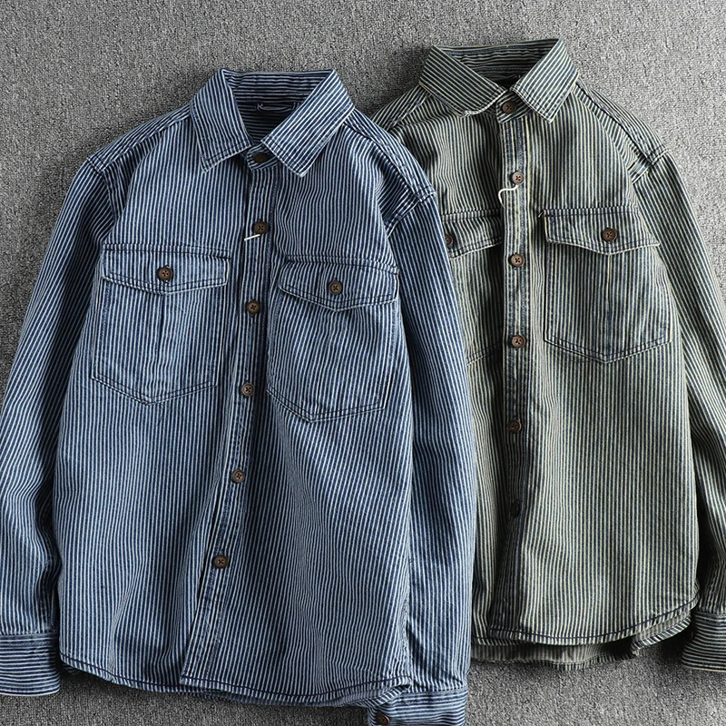 Yarndyed striped fabric washed to make old vintage cargo denim shirt for men European and American fashion casual coat 250725