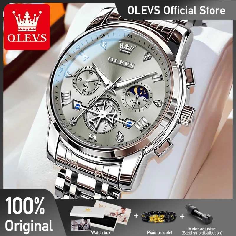 OLEVS Mens Watches Classic Mtifunctional Fltwheel Chronograph Quartz Wristwatch Moon Phase 24 Hour Waterproof Watch X250726