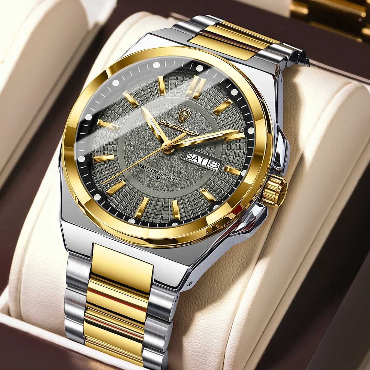 POEDAGAR Luxury Mens Wristwatch Stainless Steel Date Week Man Watch Waterproof Luminous Business Fashion Quartz Watches For Men X2507264