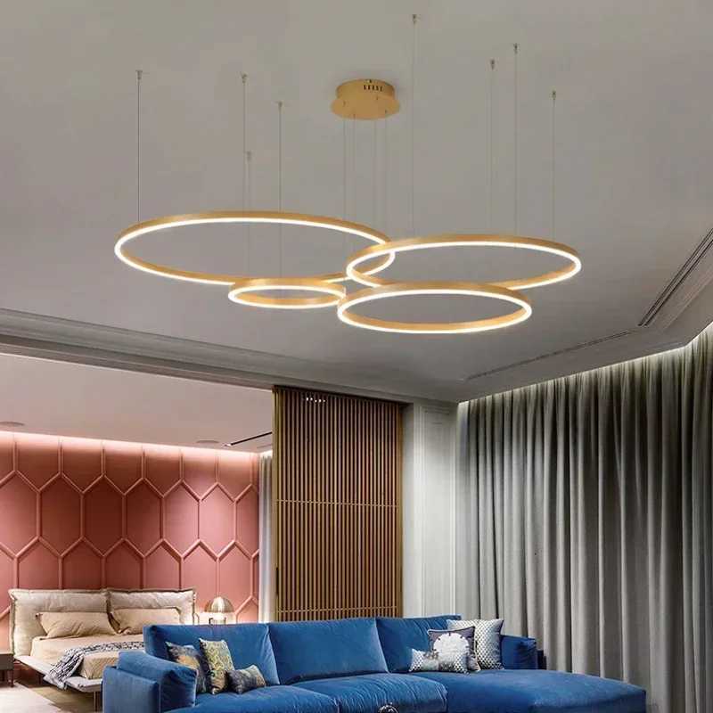 Modern LED Pendant Lights Home Lighting Brushed Rings Ceiling Mounted Chandelier Round Hanging Lamp Gold Coffee Color Lustre XJ250725