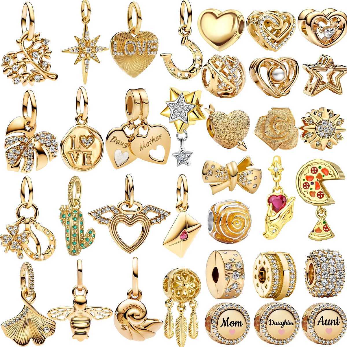 925 Sterling Silver Gold Heart Charms Beads Sparkling Mle Safety Pendant For Women Bracelet DIY Fine Jewelry Gift XJ250726