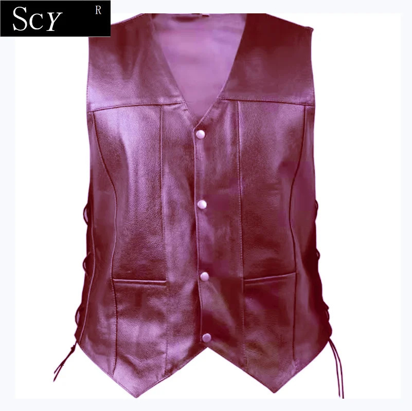 Men Side Lace Denim Style Biker Motorcycle Leather Vest Gun Pockets 250725