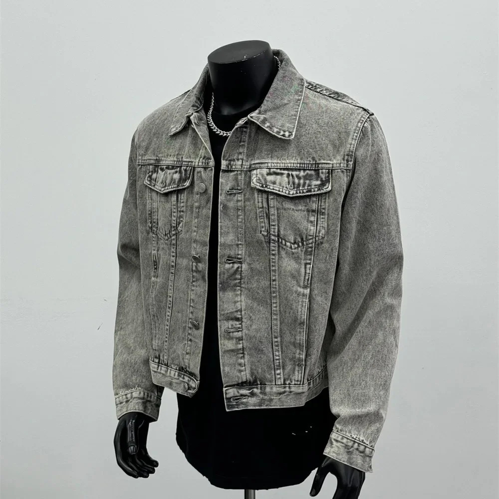 Autumn American Style Trendy Vintage Washing Distressed Denim Jacket Lapel Cropped Gray For Men Thin Regular Cut 250725