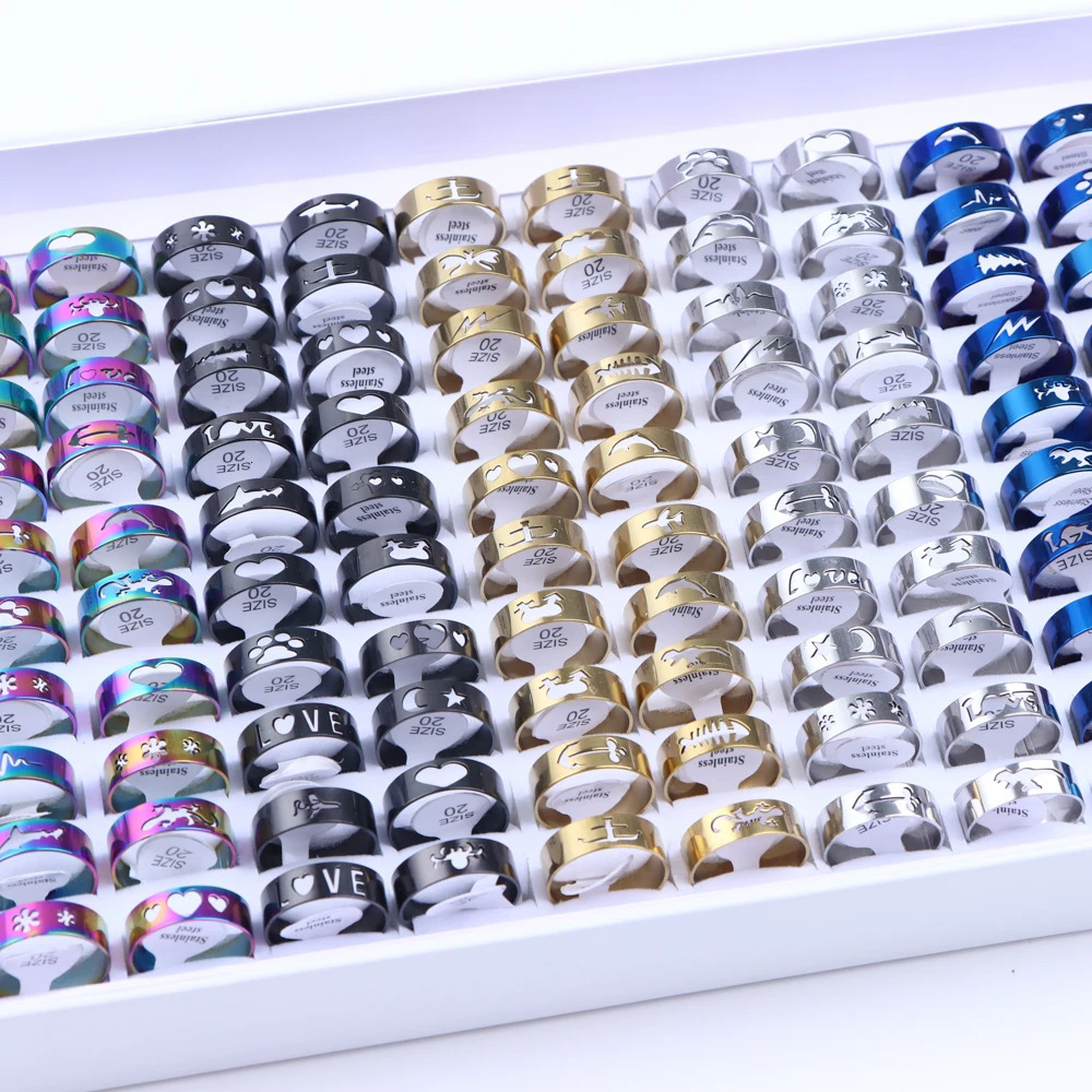 10203050Pcs Classic Fashion Stripe Hollow Colorful Sticker Stainless Steel Ring Trend Women Jewelry Party Decoration Gift 250716