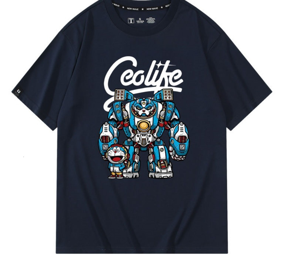 Doraemon Robot Cat Mobile Suit Gundam Collaboration Short Sleeve T-Shirt Pure Cotton Unisex Loose Fit Summer Couple Clothes 250726