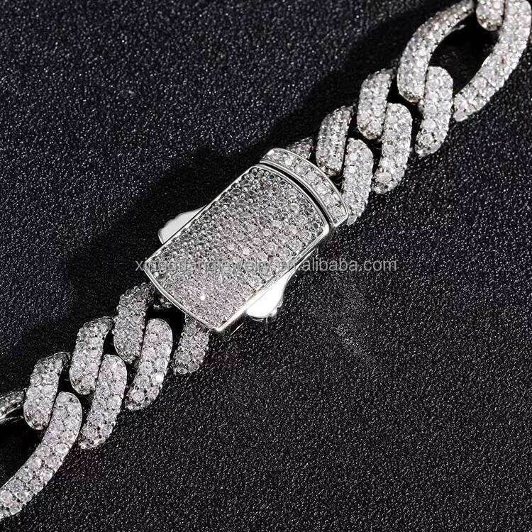 Custom Bling Moissanite Sterling Sier Chain with Ice Dia Cuban Link 13mm 2rows Gold Plated Hip Hop Necklace
