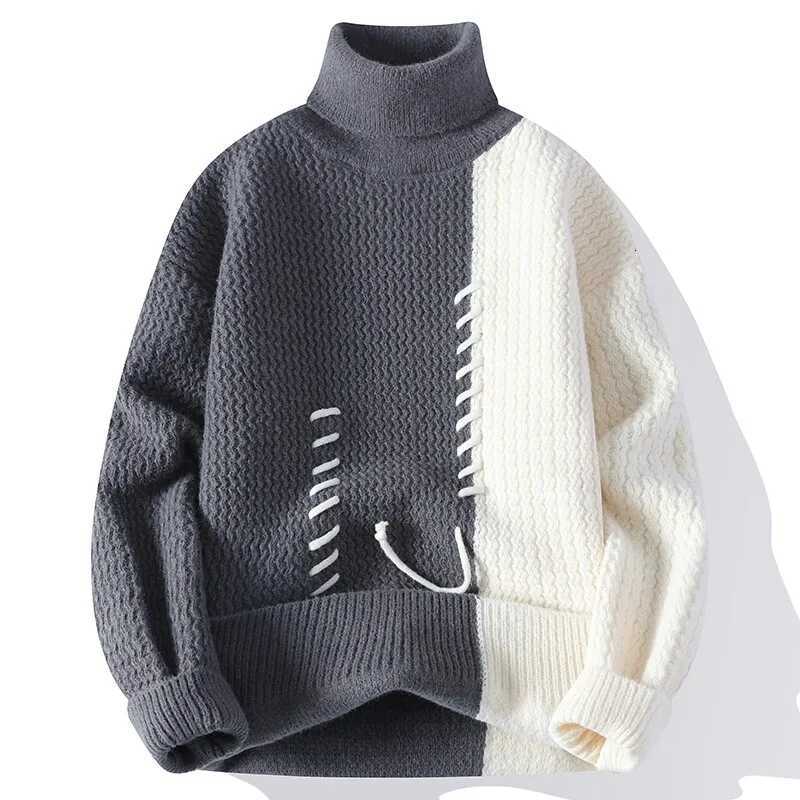 Autumn Winter Mens Knitted Turtleneck Sweater Fashion Patchwork Casual Knit Pullovers Men Loose Warm Pull Sweaters Streetwear Z250725
