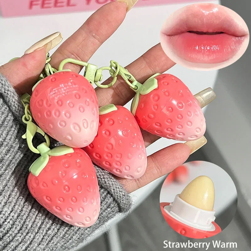 1pc Strawberry Keychain Warming Lip Balm Long Lasting Natural Pink Lipstick Tint Color Changing Fruity Lips Care Makeup 250716
