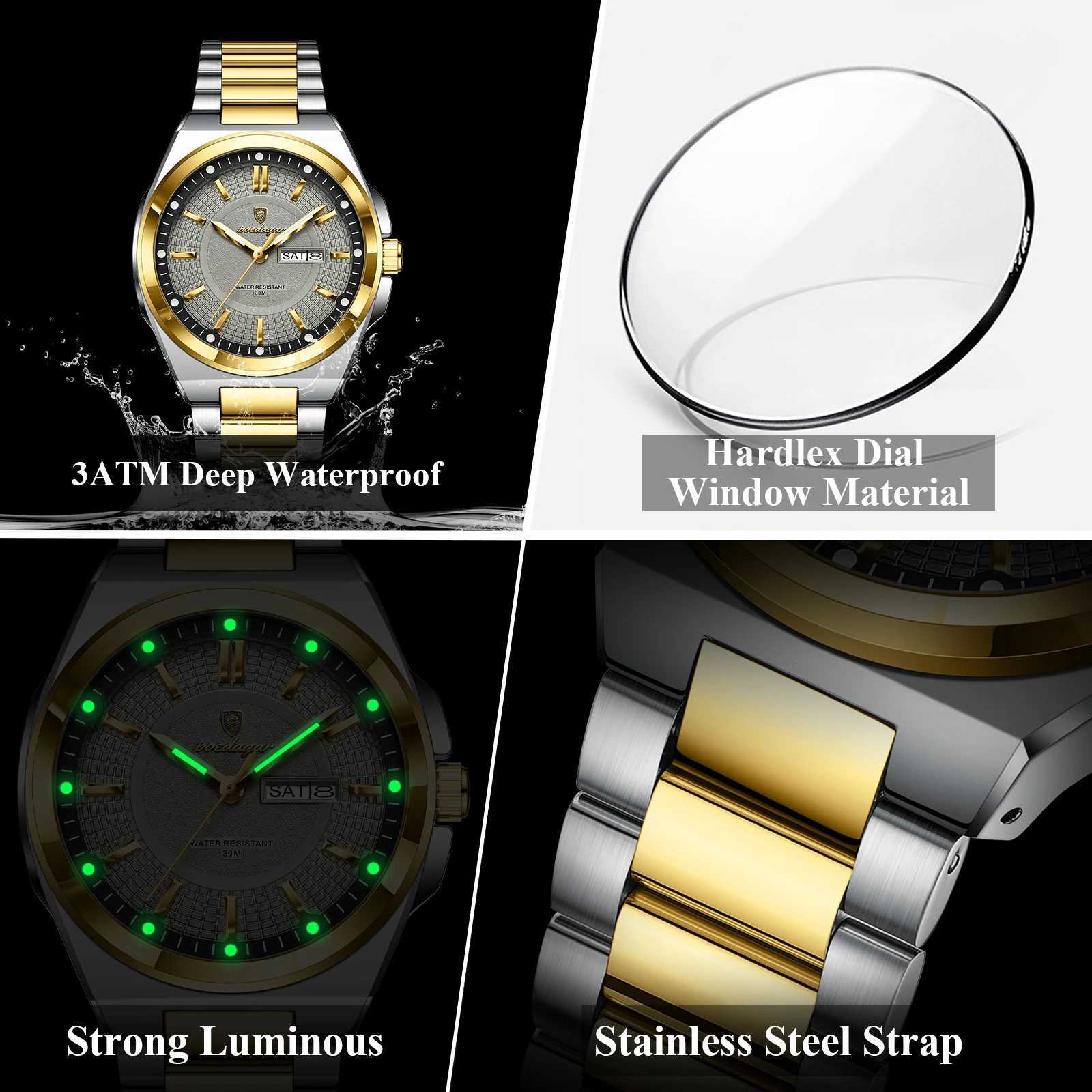 POEDAGAR Luxury Mens Wristwatch Stainless Steel Date Week Man Watch Waterproof Luminous Business Fashion Quartz Watches For Men X2507264