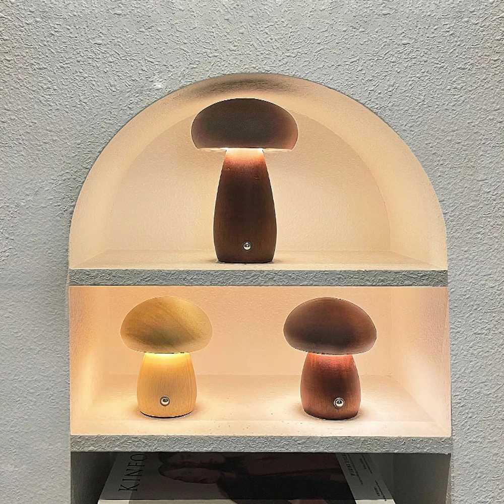 100% Wooden Creative Mushroom Night Light Stepless Dimming Bedside Table Lamp 3 Color Rechargeable Sleeping Nightlights For Room XJ250725