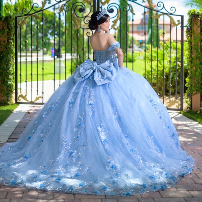 Sky Blue Quinceanera Dresses Ball Gown Off The Shoulder Applique Flower Beads Bow Tull Corset Party Birthday Sweet 16 Dress Vestidos 15 Anos