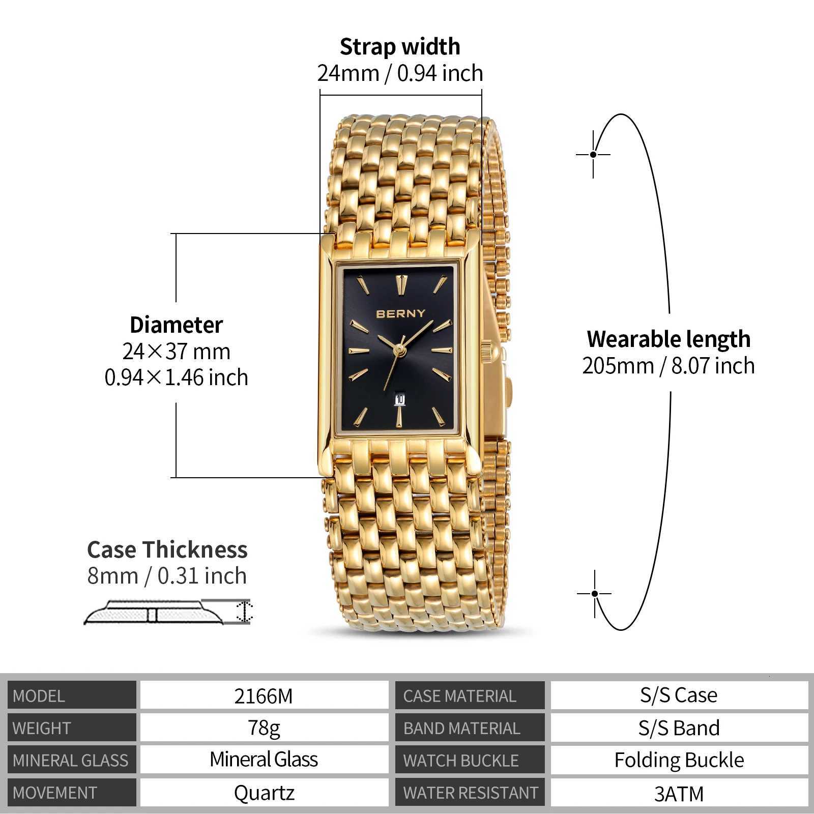 BERNY MIYOTA Quartz Watch Men Luxury Brand Mens Wristwatch Water Resistant Square Clock Stainless Steel Golden Mens Watch 2023 X250726