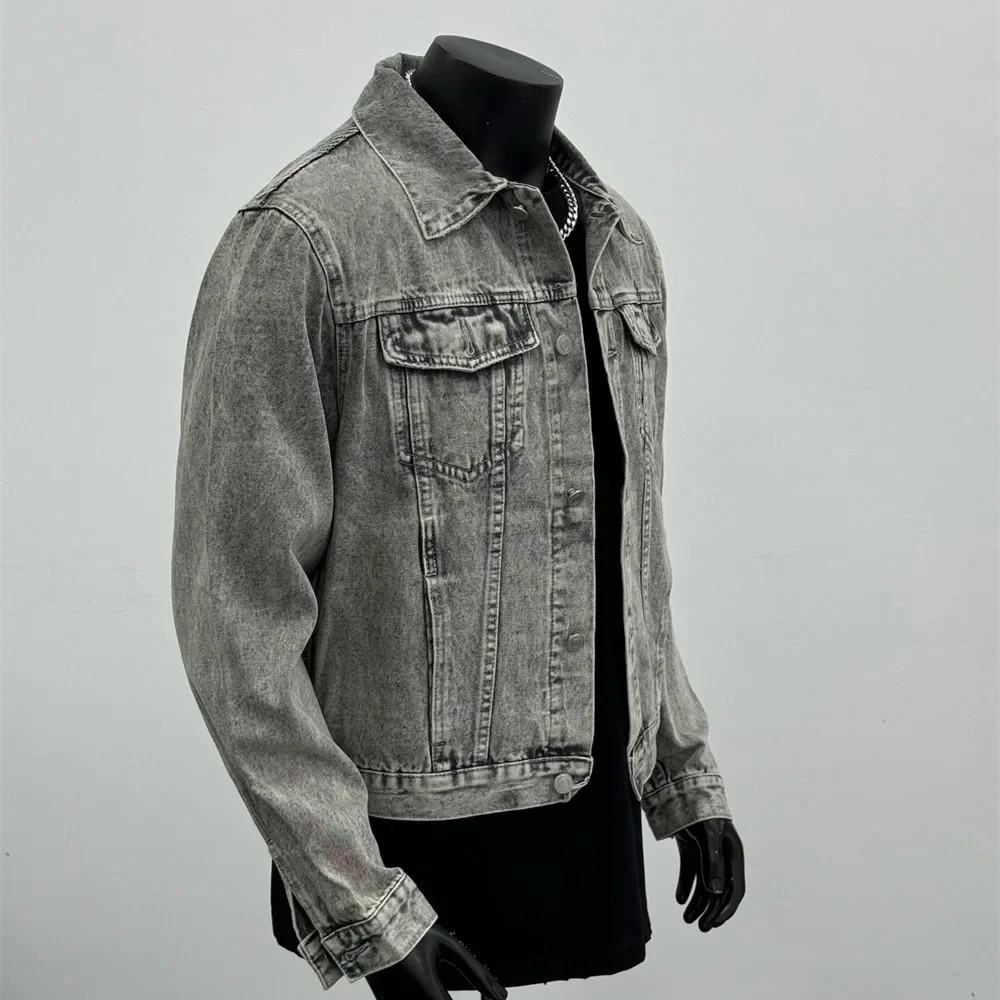 Autumn American Style Trendy Vintage Washing Distressed Denim Jacket Lapel Cropped Gray For Men Thin Regular Cut 250725