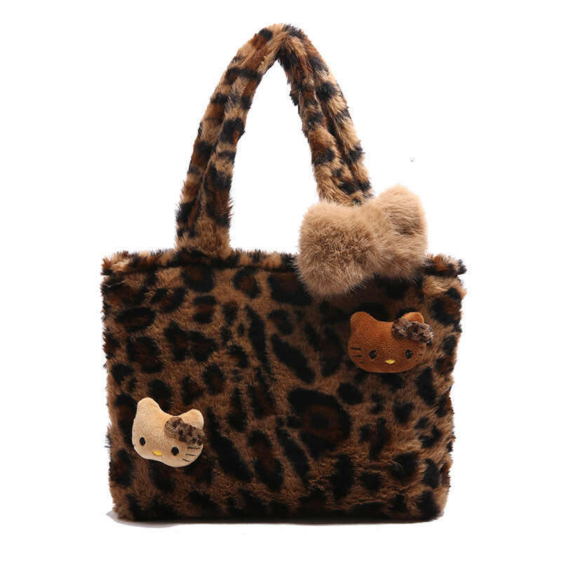 Furry Leopard Print Handbag Winter Cute Plush Black Leather Kt Cat Girl Y2k Commuter Bag